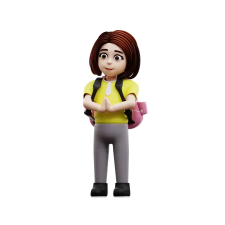 Aluna usando mochila escolar  3D Illustration