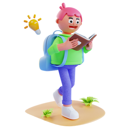 Menina indo para a escola com livro de leitura  3D Illustration