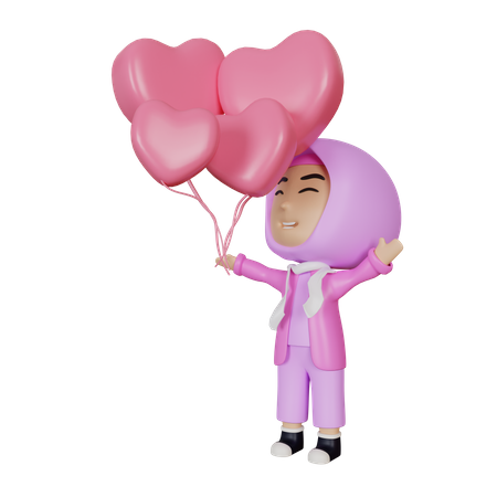 Menina islâmica segurando balão em forma de coração  3D Illustration