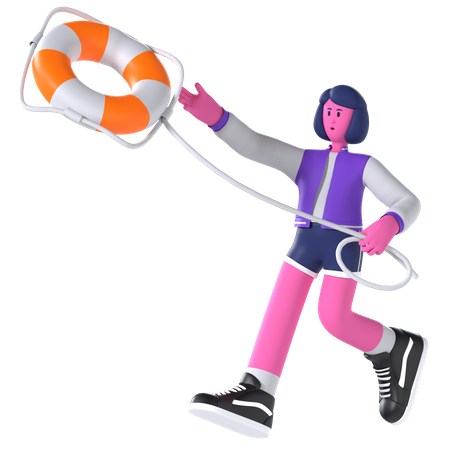 Menina jogando bóia salva-vidas por segurança  3D Illustration