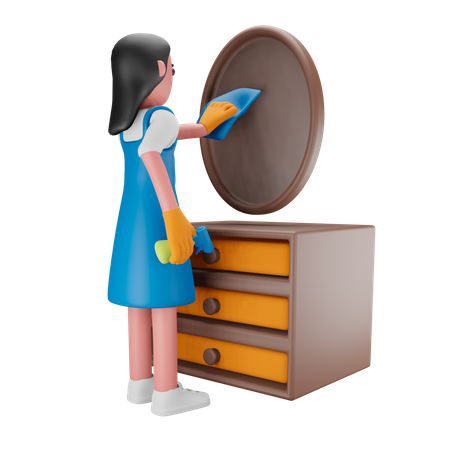 Menina limpando o espelho  3D Illustration