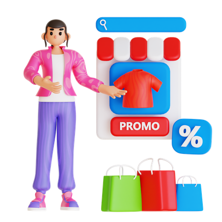 Menina mostrando promoção de venda de compras online  3D Illustration