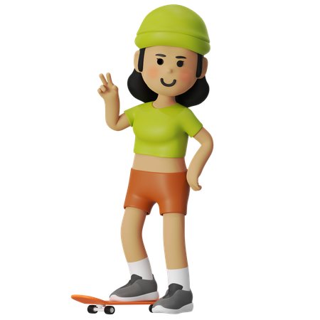 Menina mostrando gesto de paz com skate  3D Illustration