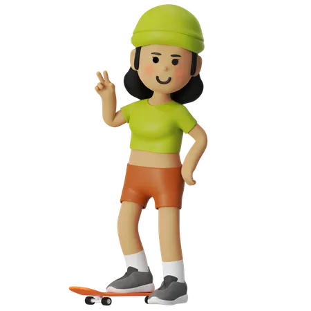 Menina mostrando gesto de paz com skate  3D Illustration