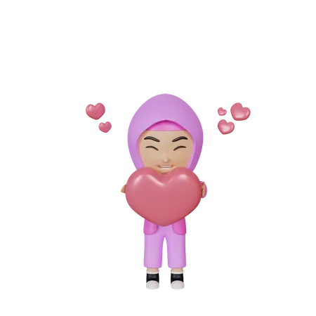 Menina muçulmana segurando coração  3D Illustration