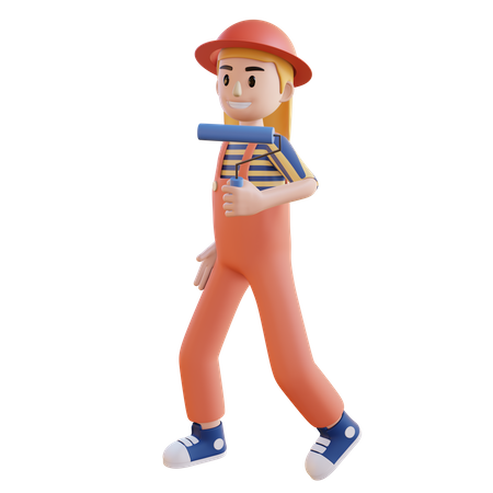 Menina pintando parede com rolo  3D Icon
