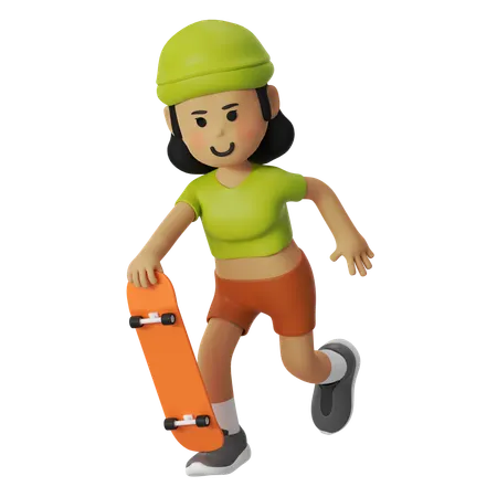Menina pronta com skate para patinar  3D Illustration