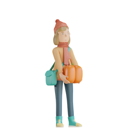 Menina segurando abóbora  3D Illustration