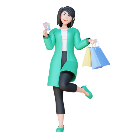 Menina segurando cartão de crédito e sacolas de compras  3D Illustration