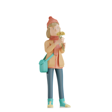 Menina segurando flores  3D Illustration