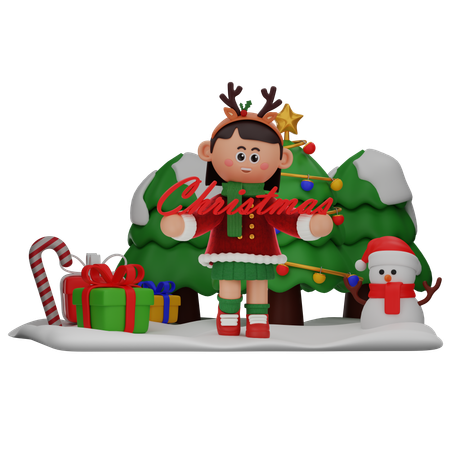 Menina segurando um grande texto de Natal  3D Illustration