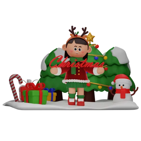 Menina segurando um grande texto de Natal  3D Illustration