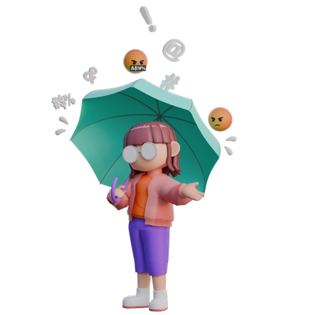 Menina segurando guarda-chuva na chuva  3D Illustration