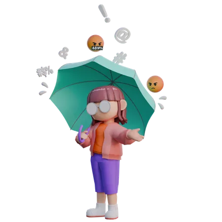 Menina segurando guarda-chuva na chuva  3D Illustration