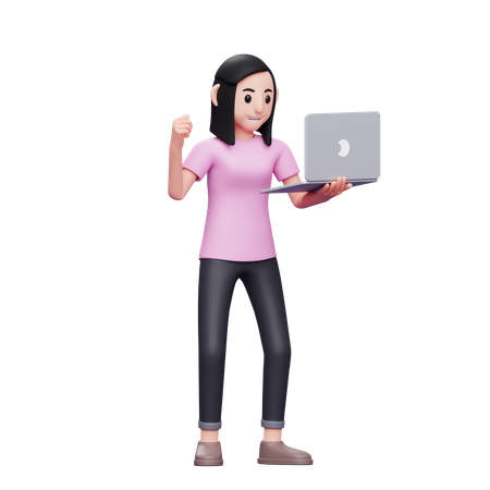 Menina segurando laptop e comemorando o sucesso  3D Icon