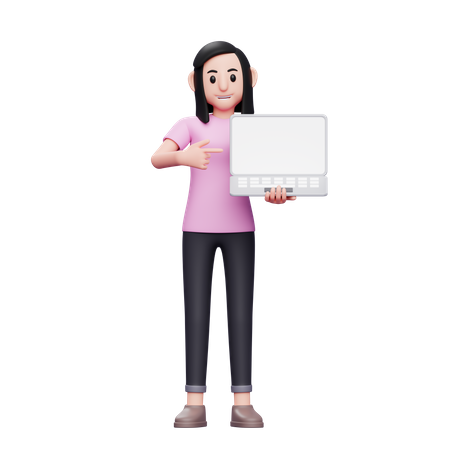 Menina segurando o laptop e apontando para a tela do laptop  3D Icon