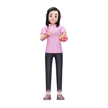 Menina segurando o presente e mostrando sinal de amor  3D Icon