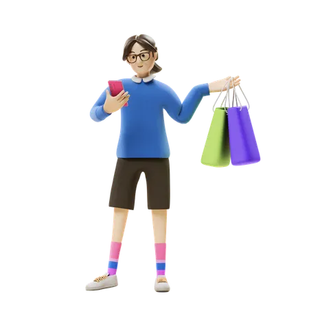 Menina segurando sacola de compras  3D Illustration