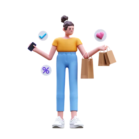 Menina segurando sacola de compras  3D Illustration