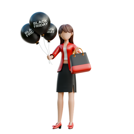 Menina segurando um balão de Black Friday  3D Illustration