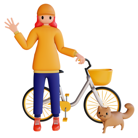 Menina segurando uma bicicleta com animal de estimação e dizendo olá  3D Illustration