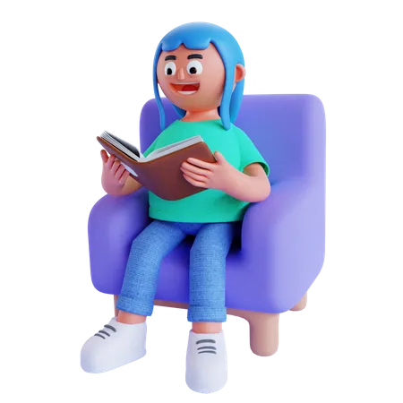 A menina senta-se no sofá e lê o livro  3D Illustration