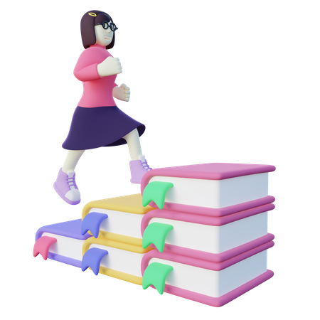 Menina subindo escadas de livro  3D Illustration