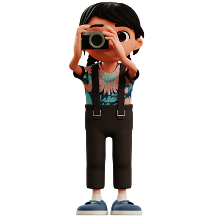 Menina tirando fotos usando uma câmera  3D Icon
