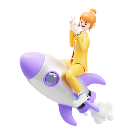 Menina tirando selfie enquanto viaja de foguete  3D Icon