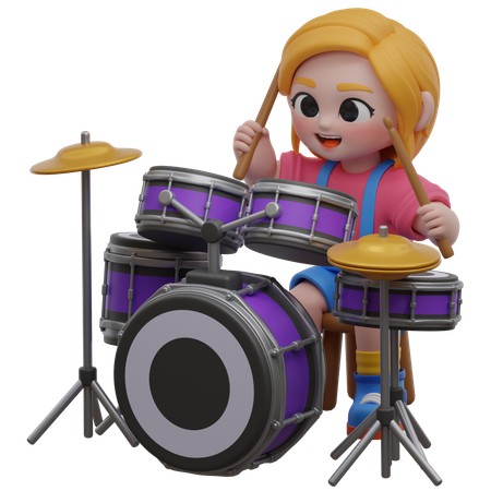 Menina tocando bateria  3D Illustration