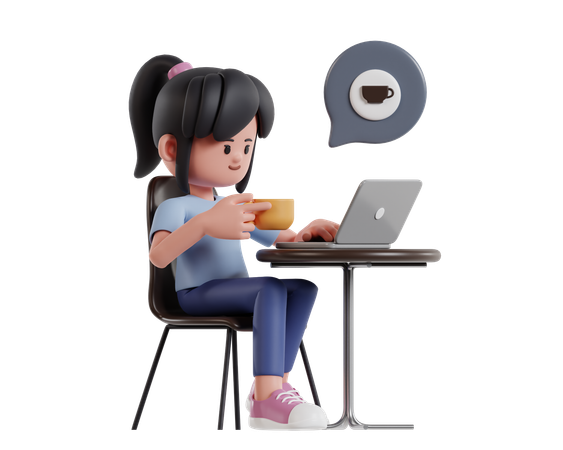 Menina trabalhando com laptop enquanto toma café no café  3D Illustration