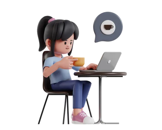 Menina trabalhando com laptop enquanto toma café no café  3D Illustration