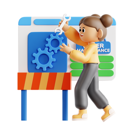 Menina trabalhando em site em manutenção  3D Illustration