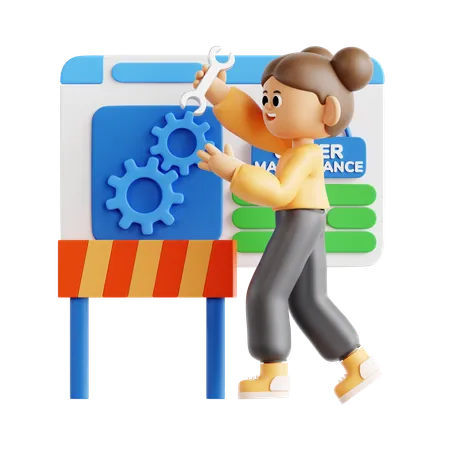 Menina trabalhando em site em manutenção  3D Illustration