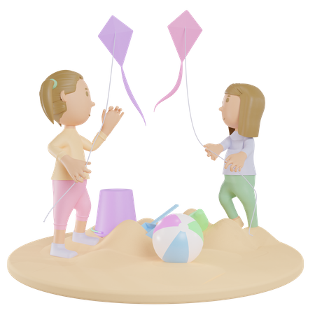 Meninas empinando pipa na praia  3D Illustration