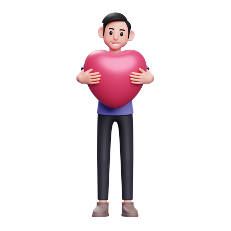 Menino abraçando coração rosa  3D Illustration