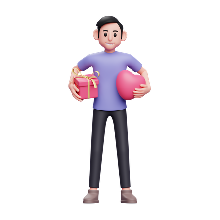 Menino abraça presentes e balões de coração com as duas mãos para o dia dos namorados  3D Illustration