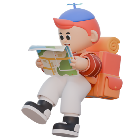 Menino abre um mapa  3D Illustration
