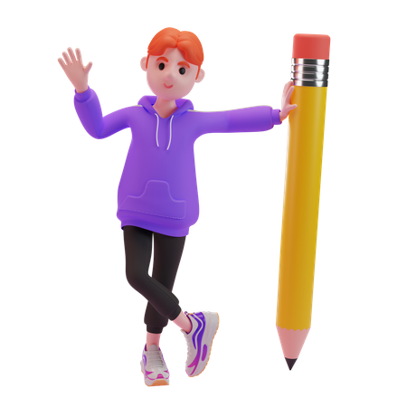 Menino acenando com a mão com lápis  3D Illustration