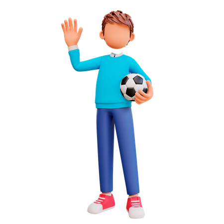 Menino acenando enquanto segura uma bola de futebol  3D Illustration