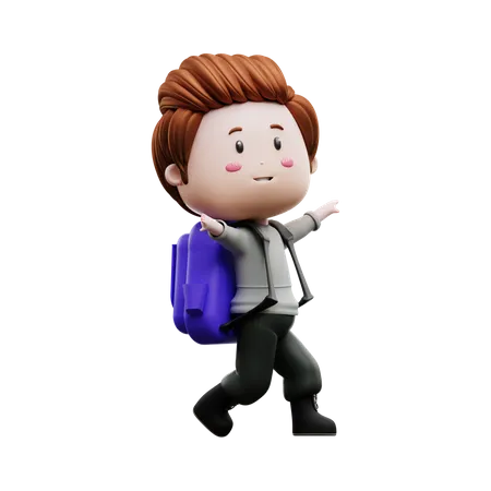 Menino andando com mochila escolar  3D Illustration