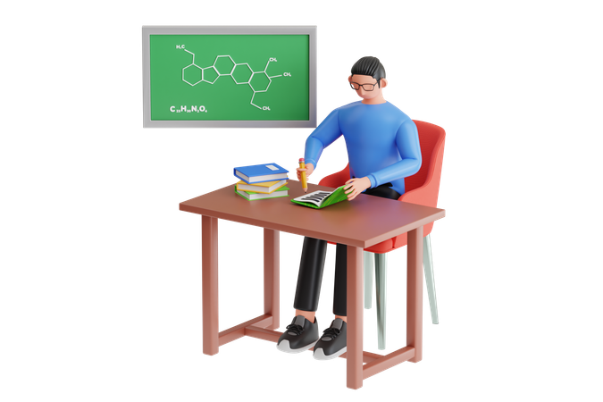 Menino aprendendo química em sala de aula  3D Illustration