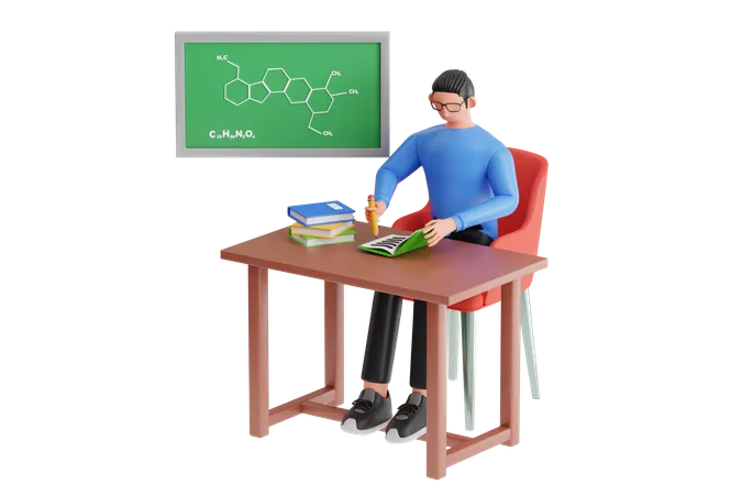 Menino aprendendo química em sala de aula  3D Illustration