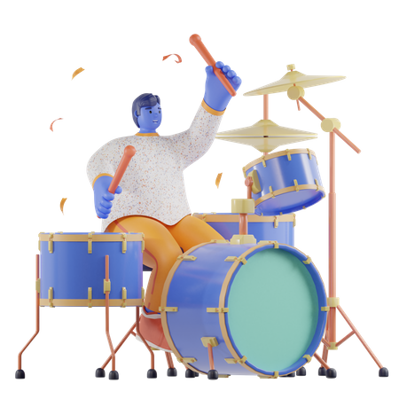 Menino baterista tocando bateria  3D Illustration