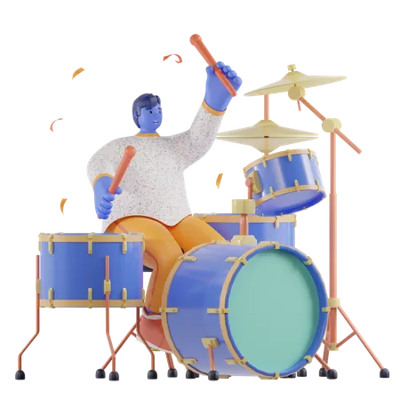 Menino baterista tocando bateria  3D Illustration