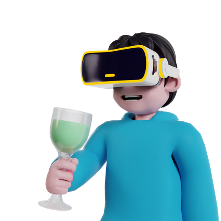 Garoto bebendo no meta mundo usando tecnologia VR  3D Illustration