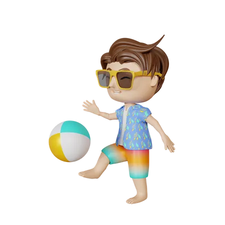 Menino brincando com bola na praia  3D Illustration