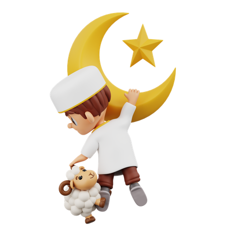 Menino caiu da lua crescente com ovelhas  3D Illustration