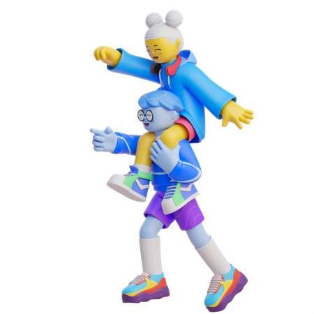 Menino carregando menina no ombro  3D Illustration