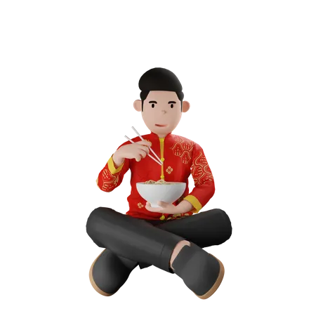 Menino chinês comendo macarrão  3D Illustration